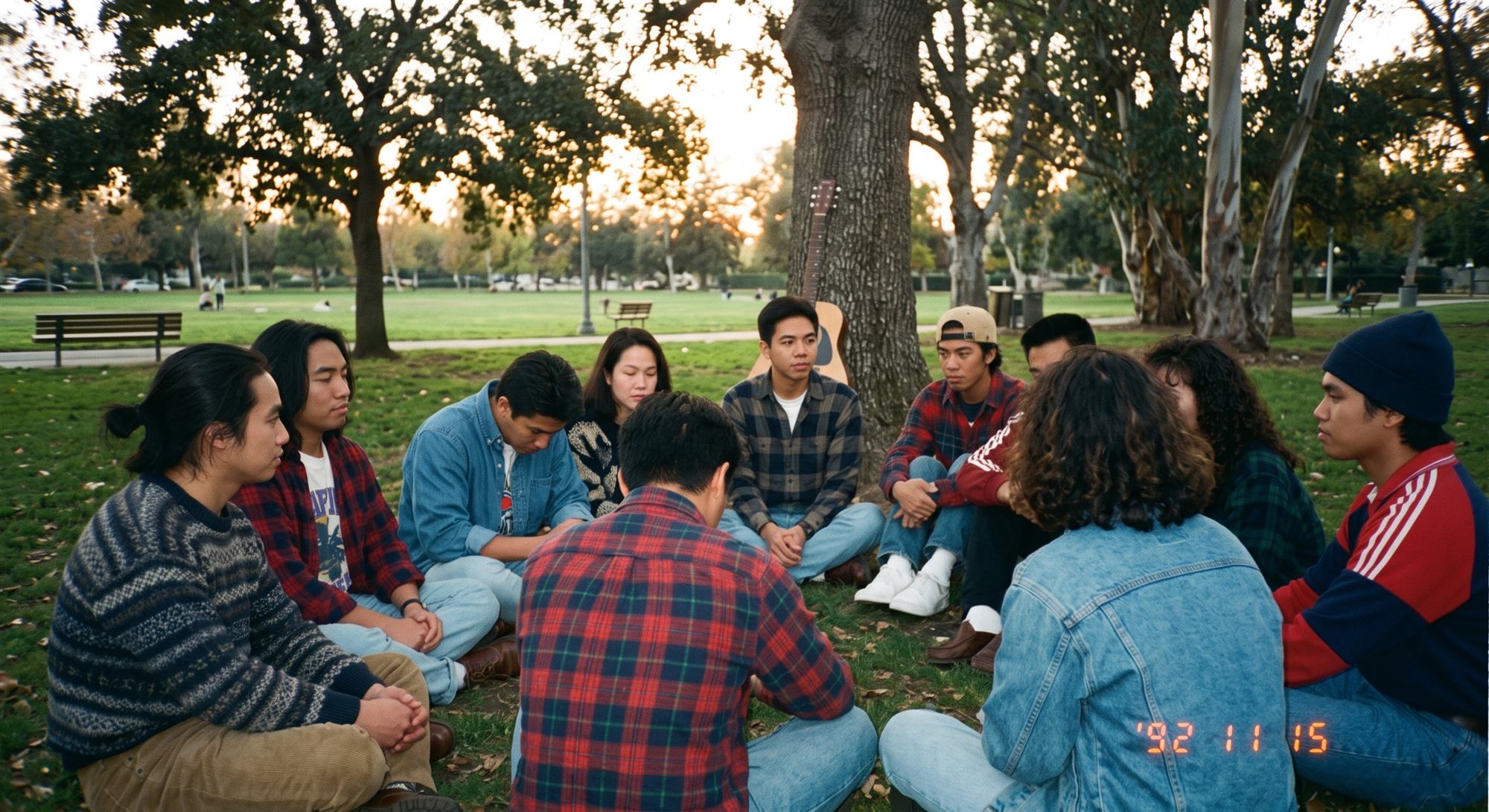 A circle of young Vietnamese students sitting on the grass in a park at dusk, talking, with a guitar leaning against a tree